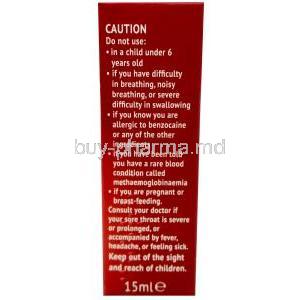 Ultra Chloraseptic Throat Spray  (Cherry Flavour), Benzocaine 1%, Throat Spray, Presstige Brans (UK) Ltd, Box information, Caution