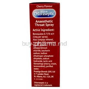 Ultra Chloraseptic Throat Spray  (Cherry Flavour), Benzocaine 1%, Throat Spray, Presstige Brans (UK) Ltd, Box information, Contents, Manufacturer