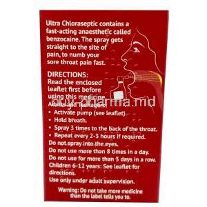 Ultra Chloraseptic Throat Spray  (Cherry Flavour), Benzocaine 1%, Throat Spray, Presstige Brans (UK) Ltd, Box information, Direction for use