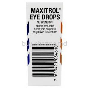 Maxitrol eye drops, Dexamethasone 0.1%/ Neomycin 3500 IU(3.5mg)/ Polymyxin B 6000 IU,Eye drop 5ml,Novartis UK,Box back view