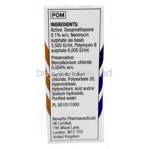 Maxitrol eye drops, Dexamethasone 0.1%/ Neomycin 3500 IU(3.5mg)/ Polymyxin B 6000 IU,Eye drop 5ml,Novartis UK,Box information, Ingredients