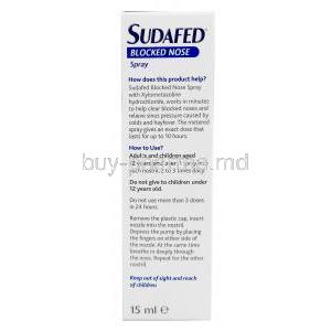 Sudafed Block Nose Spray, Xylometazoline hydrochloride, Nasal Spray 15ml, McNeil Products Ltd, Box information, direction for use