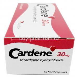 Cardene, Nicardipine 30mg, 56caps, Astellas UK, Box side view