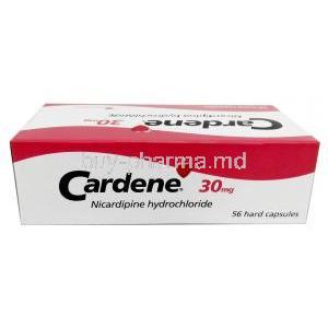 Cardene, Nicardipine 30mg, 56caps, Astellas UK, Box top view
