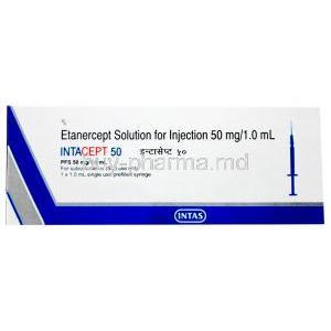 Intacept Injection, Etanercept 50 mg per ml, Injection 1ml, Intas Pharmaceuticals,Box front view