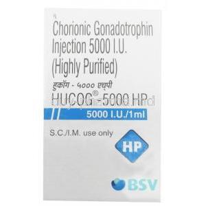 HUCOG HP Injection,Human chorionic gonadotropin (hCG) 5000IU, Injection vial 1mL, Bharat Serums and Vaccines Ltd, Box front view