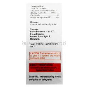 HUCOG HP Injection,Human chorionic gonadotropin (hCG) 5000IU, Injection vial 1mL, Bharat Serums and Vaccines Ltd, Box information, Dosage, Composition