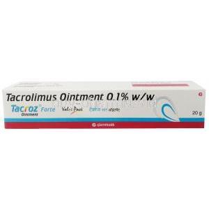 Tacroz Forte ointment, Tacrolimus 0.1%, Ointment 20g, Glenmark, Box front view