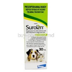 Surolan Drops, Miconazole 23.0 mg per ml, Polymyxin B 0.5293 mg per ml, Prednisolone Acetate 5.0 mg per ml,Drops 30mL Elanco,Box front view