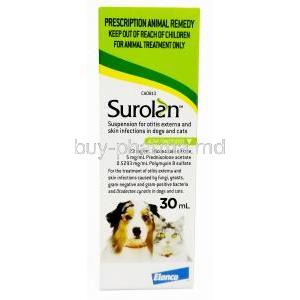 Surolan Drops, Miconazole 23.0 mg per ml, Polymyxin B 0.5293 mg per ml, Prednisolone Acetate 5.0 mg per ml,Drops 30mL Elanco,Box information, composition