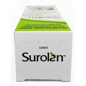 Surolan Drops, Miconazole 23.0 mg per ml, Polymyxin B 0.5293 mg per ml, Prednisolone Acetate 5.0 mg per ml,Drops 30mL Elanco,Box top view