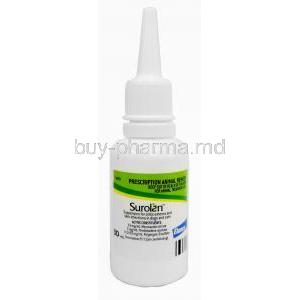 Surolan Drops, Miconazole 23.0 mg per ml, Polymyxin B 0.5293 mg per ml, Prednisolone Acetate 5.0 mg per ml,Drops 30mL Elanco,, bottle