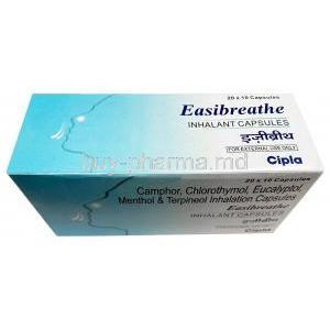 Easi Breathe Inhalant Capsule, Camphor 25mg / Chlorothymol 5mg/ Eucalyptol 125mg/ Menthol 55mg/ Terpineol 12mg, Capsule, Cipla, 200capsues box top view