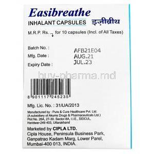 Easi Breathe Inhalant Capsule, Camphor 25mg / Chlorothymol 5mg/ Eucalyptol 125mg/ Menthol 55mg/ Terpineol 12mg, Capsule, Cipla, Box information, Mfg date, Exp date