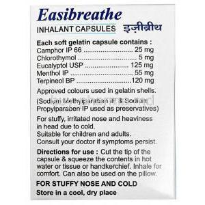 Easi Breathe Inhalant Capsule, Camphor 25mg / Chlorothymol 5mg/ Eucalyptol 125mg/ Menthol 55mg/ Terpineol 12mg, Capsule, Cipla, Box information, contents, direction for use