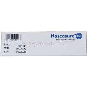Noscasure 150, Noscapine 150mg, Capsule, Maxent, Box information, Mfg date, Exp date