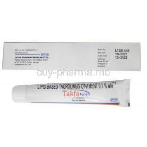 Takfa Forte Ointment, Tacrolimus　0.1%ww, Ointment 20g, Intas Pharmaceuticals, Box information, Mfg date, Exp date, Tube