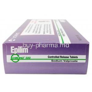 Epilim Chrono, Valproic acid 133.2mg , Sodium valproate 58mg, Sanofi, Box side view