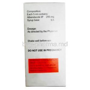 Zeebee Oral Suspension, Albendazole 200 mg, Oral Suspension 10 ml, Sun Pharmaceutical Industries, Box information,Warning