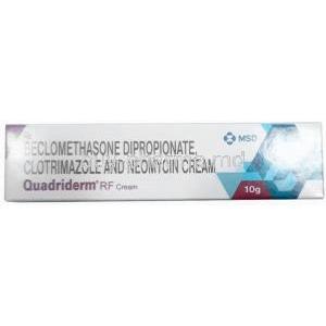 Quadriderm RF Cream, Beclomethasone Dipropionate 0.025%/ Clotrimazole 1%/ Neomycin 0.5%, Cream 10g, MSD, Box front view