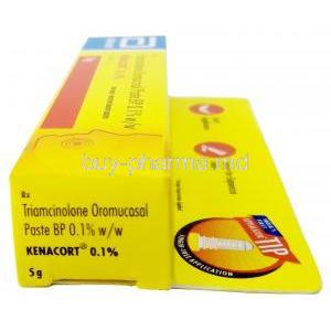 Kenacort Oromucosal Paste, Triamcinolone 0.1%w/w,Oromucosal Paste 5g, Box side view