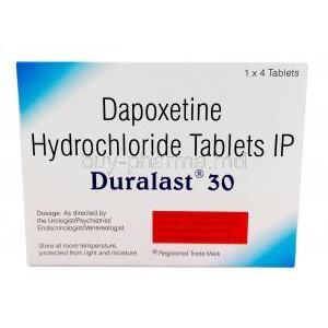 Duralast, Dapoxetine 30mg, Sun Pharma, Box information, Storage, Caution