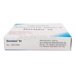 Duralast, Dapoxetine 30mg, Sun Pharma, Box information, Manufacturer