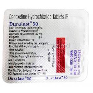 Duralast, Dapoxetine 30mg, Sun Pharma, Blisterpack information