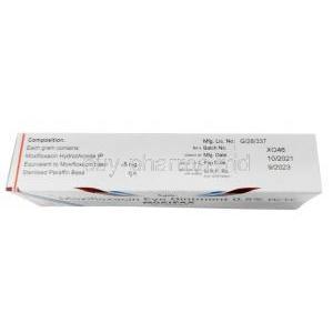 Moxifax Eye Ointment, Moxifloxacin 0.5% w/w, Eye Ointment 5g, Optho Pharma Pvt Ltd, Box information, Composition, Mfg date, Exp date