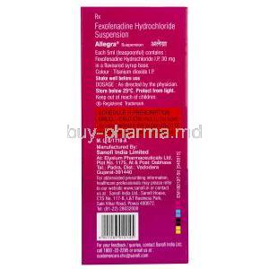 Allegra Suspension, Fexofenadine 30mg/5mL, Suspension 100mL,  Box information, Manufacturer, Storage