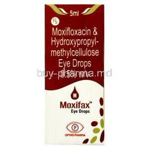 Moxifax Eye Drop, Moxifloxacin 0.5% w/v, Eye Drops 5 mL, Optho Pharma Pvt Ltd, Box front view