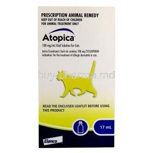 ATOPICA Oral Solution for Cats, Cyclosporine 100mg per ml, Oral Solution for Cats 17ml, Elanco Animal Health, Box front view