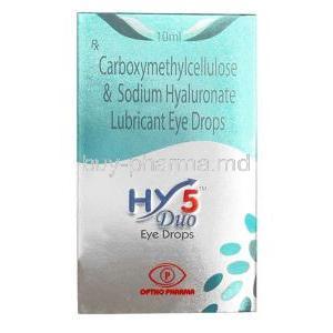HY 5 Duo Eye Drop, Carboxymethylcellulose 1.0% w/v / Sodium Hyaluronate 0.1% w/v, Eye Drop 10mL, Optho Pharma Pvt Ltd, Box front view