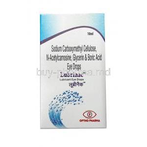 Lubrinac Eye Drop, Carboxymethylcellulose 3mg/mL / Glycerin 10mg/mL / N-acetylcarnosine 10mg/mL, Eye Drops 10mL, Optho Pharma Pvt Ltd, Box front view