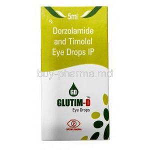 Glutim-D Eye Drop, Dorzolamide 2%w/v / Timolol 0.5% w/v, Eye Drops 5mL, Optho Pharma Pvt Ltd, Box front view