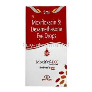 Moxifax DX Eye Drop, Moxifloxacin 5mg/ Dexamethasone 1mg, Eye Drops 5mL, Optho Pharma Pvt Ltd, Box front view