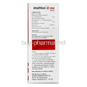 Moxifax DX Eye Drop, Moxifloxacin 5mg/ Dexamethasone 1mg, Eye Drops 5mL, Optho Pharma Pvt Ltd, Box information, Composition