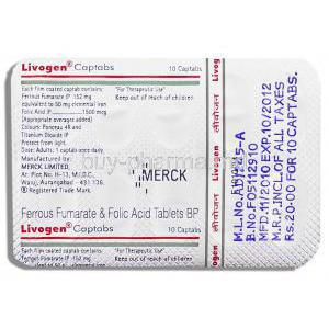 Livogen, Ferrous Fumarate/ Folic Acid  152 Mg, Livogen,  1500 Mcg Tablets (Merck India) Front