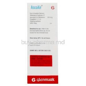 AscoAir, Salbutamol 100mcg per dose, Inhaler 200MD,  Glenmark, Box information