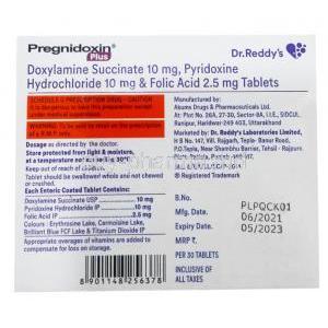 Pregnidoxin Plus, Doxylamine 10mg/ Vitamin B6(Pyridoxine) 10mg /Folic Acid 2.5mg, Dr Reddy's Laboratories Ltd, Box information