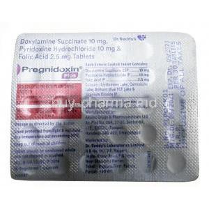 Pregnidoxin Plus, Doxylamine 10mg/ Vitamin B6(Pyridoxine) 10mg /Folic Acid 2.5mg, Dr Reddy's Laboratories Ltd, Blisterpack information