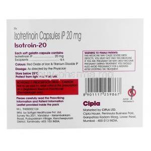 Isotroin, Isotretinoin 20mg, Cipla, Box information