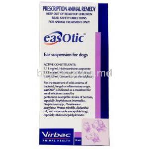 Easotic Ear Suspension, Hydrocortisone Aceponate 1.11mg per ml, Miconazole 15.1mg per ml, Gentamicin 1505 IU per ml, Ear Suspension 10ml, Virbac Animal Health, Box front view