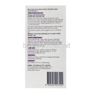 Easotic Ear Suspension, Hydrocortisone Aceponate 1.11mg per ml, Miconazole 15.1mg per ml, Gentamicin 1505 IU per ml, Ear Suspension 10ml, Virbac Animal Health, Box information, Direction for use
