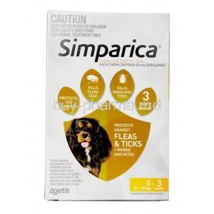 Simparica Chwable for Dogs(Orange), Sarolaner 10mg, For Small Dogs 5.1-10kg 20mg 3 Chewable tabs, copyZoetis, Box front view