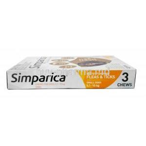 Simparica Chwable for Dogs(Orange), Sarolaner 10mg, For Small Dogs 5.1-10kg 20mg 3 Chewable tabs, copyZoetis, Box side view