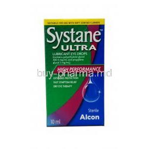 Systane Ultra, Polyethylene Glycol 0.4%, Propylene Glycol 0.3%, Eye Drop 10mL, Alcon Laboratories, Box front view