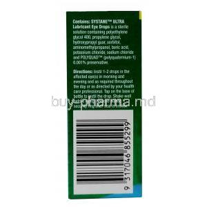 Systane Ultra Lubricant Eye Drops, Polyethylene Glycol 0.4%, Propylene Glycol 0.3%, Eye Drop 10mL, Alcon Laboratories, Box information, Direction for use