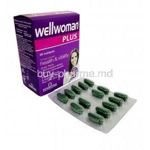 Wellwoman Plus, Omega 3,  Omega 6, Omega 9 and 22 kinds of vitamins, Vitabiotics Ltd, Box, Blisterpack